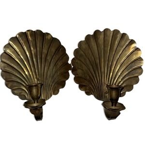 Mid Century Regency Brass Shell Candle Holder Wall Sconces MCM